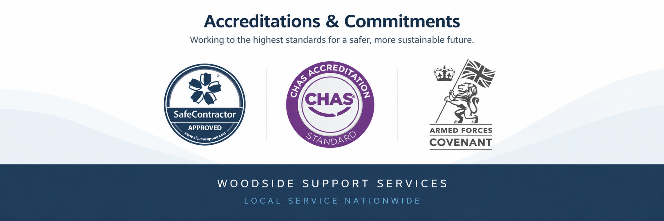 Woodside accreditations including SafeContractor, CHAS and Armed Forces Covenant